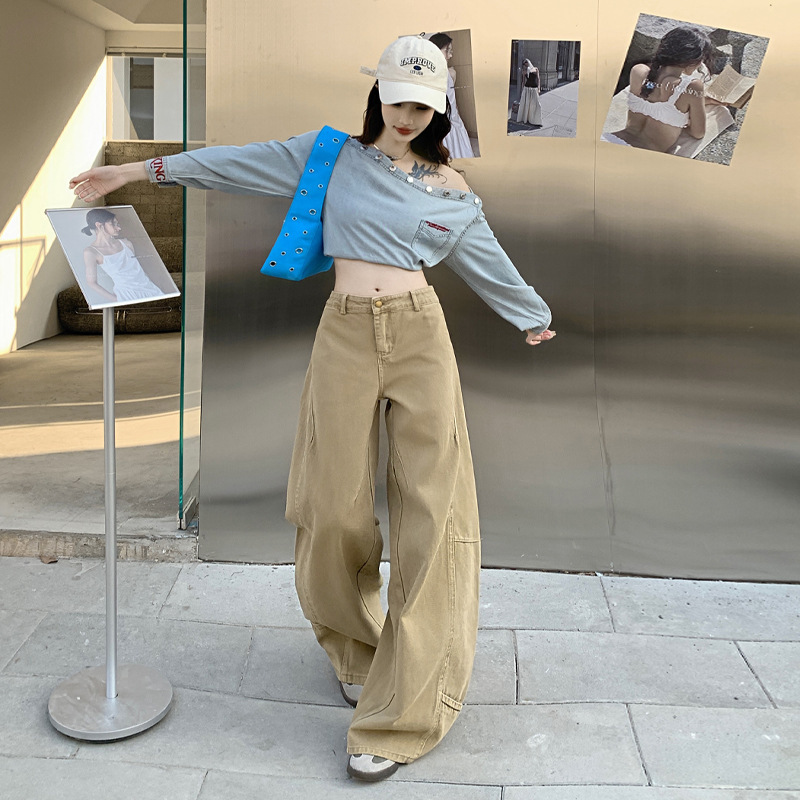 Orange Silk Women's Clothing # Khaki Sickle Jeans for Women Spring New Retro Splicing Loose Scimitar Wide Leg Pants Orange Silk Women's Clothing # Khaki Sickle Jeans for Women Spring New Retro Splicing Loose Scimitar Wide Leg Pants