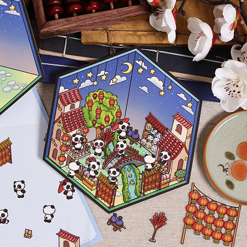 Panda casa 3D estereoscópio paisaje pet pegatinas diy creativo miniatura dibujos animados contabilidad decoración escenas pegatinas de puzzle