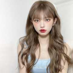 Wig for women, long hair, popular, side fringe, summer, realistic and natural, milk tea gold, long curly hair, large waves, full head cover style