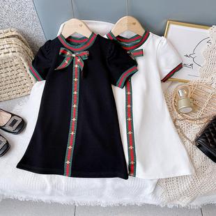 Girls Dress Summer Style New Style 2025 Korean Style Pure Cotton Skirt Baby Girl Bow Short-Sleeved Princess Dress