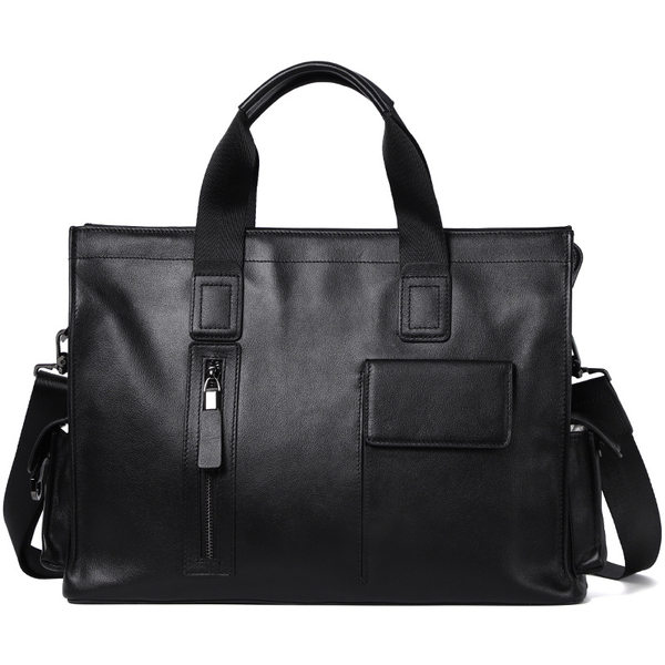 Túi xách tay nam da bò thật dung tích lớn 40×13×29 cm, đựng tài liệu và laptop 15,6 inch — Dây kéo dọc da bò màu đen, Dây kéo ngang da bò màu đen, Da cừu lớp đầu màu đen