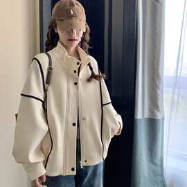 UNMUN早春小个子立领棒球服卫衣女2025爆款宽松开衫明线装饰含绒