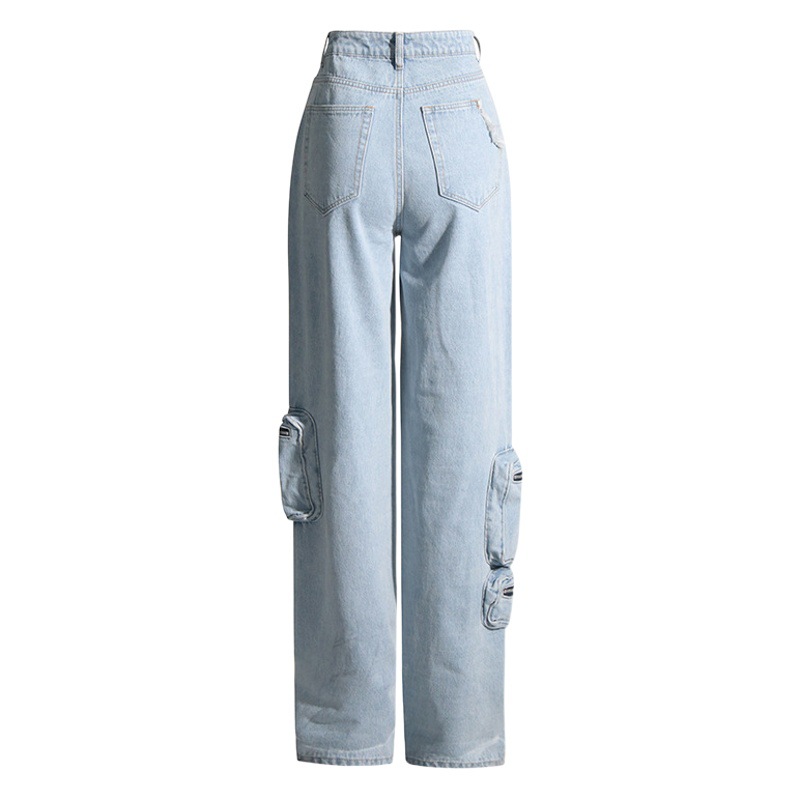 Vaqueros cargo de cintura alta con lavado azul claro vintage para mujer, otoño 2025, nueva moda, pantalones con cremallera y bolsillos grandes