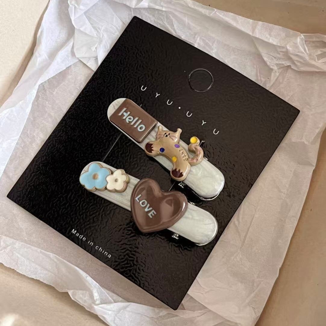 Niche Design Denim Blue Bangs Clip Red Heart Pendant Hairpin Headdress Hair Accessories Forehead Side Clip for Women