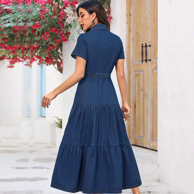 K Plus Size Women's Clothing Women's Short-sleeved Long Dress With Pocket And Button-down Collar_mkmklike.com