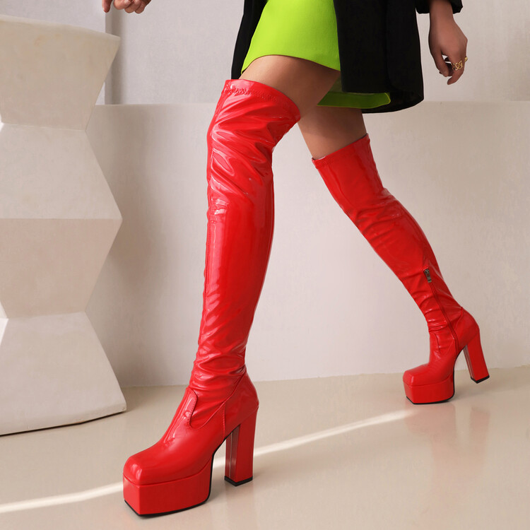 Women's Knee High Boots new long boots black patent leather thick heel square toe high boots spring and autumn single boots knight boots_voghion.com