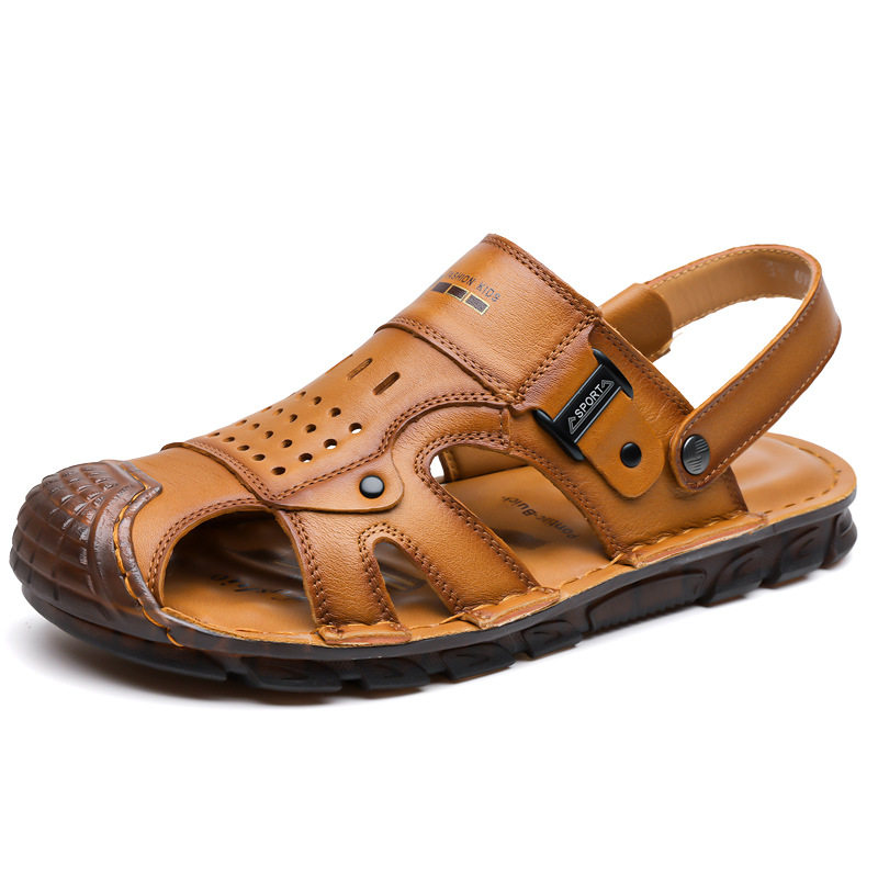 Dép sandal bít mũi nam da bò lớp đầu, đế mềm thân mềm, kiểu xỏ chân hai cách đi — G6951 màu nâu vàng, G6951 màu đen