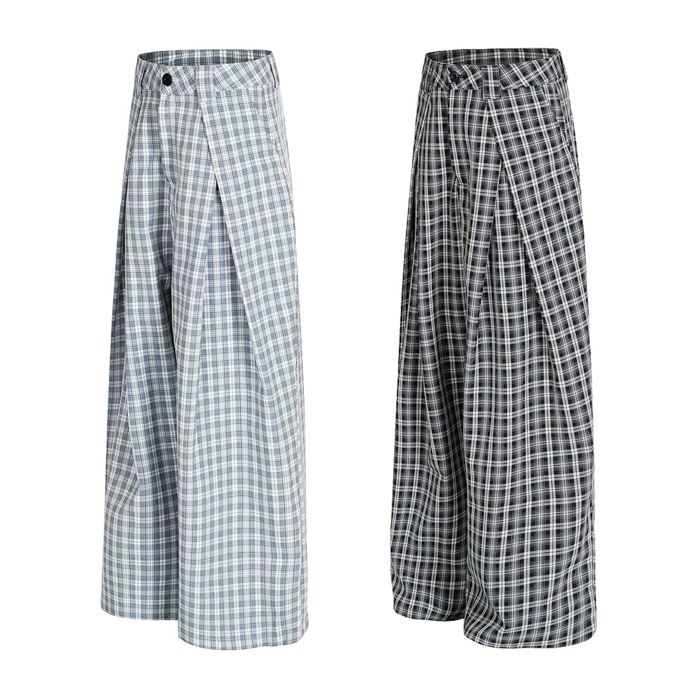 Lässige, plissierte, locker sitzende Herren-Streetwear-Hose mit weitem Bein und Karomuster im amerikanischen Stil_voghion.com