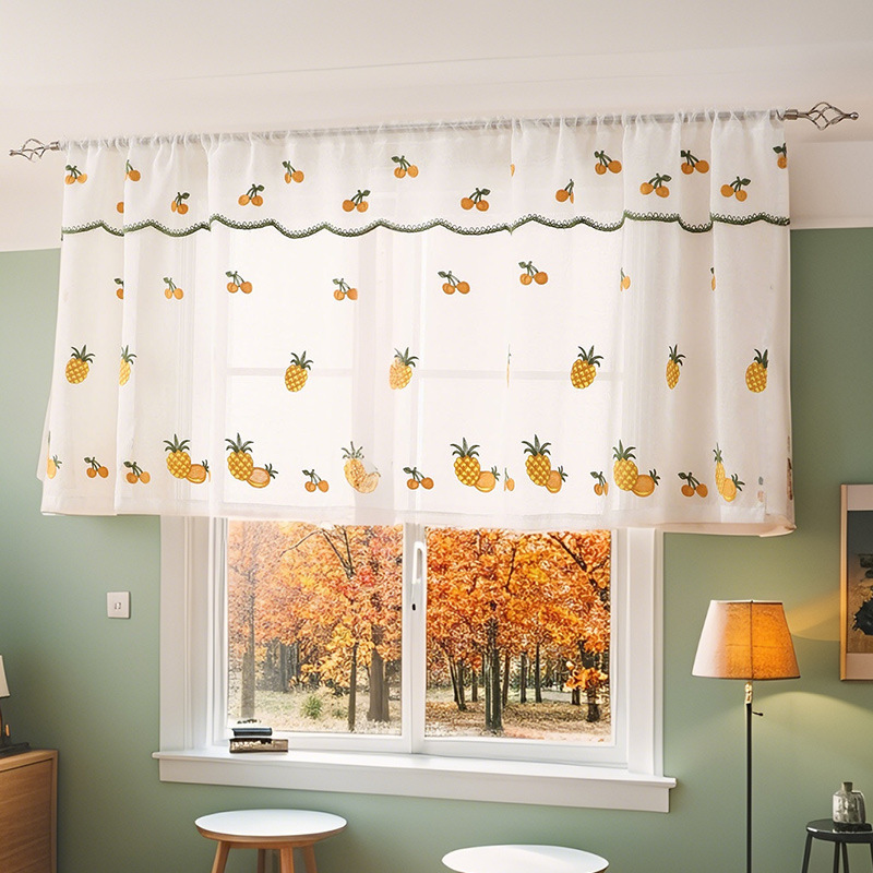 Amazon Cross-border Finished Curtain Fresh Pineapple Embroidered Coffee Curtain Door Curtain Floating Curtain Punch-free Thickened Finished Curtain