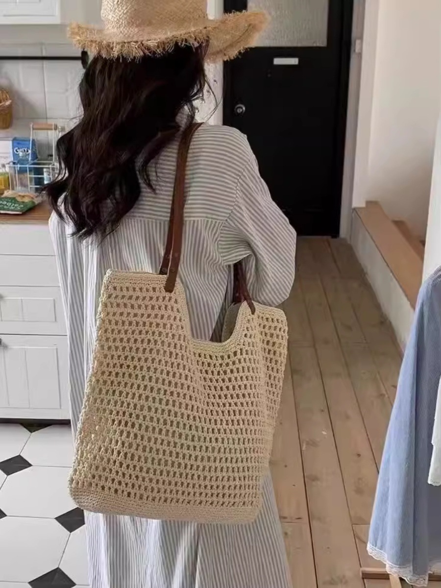 Bolso de gran capacidad tejido a mano del bosque literario, salida de primavera para mujer, bolso de paja hueco ligero, bolso de malla