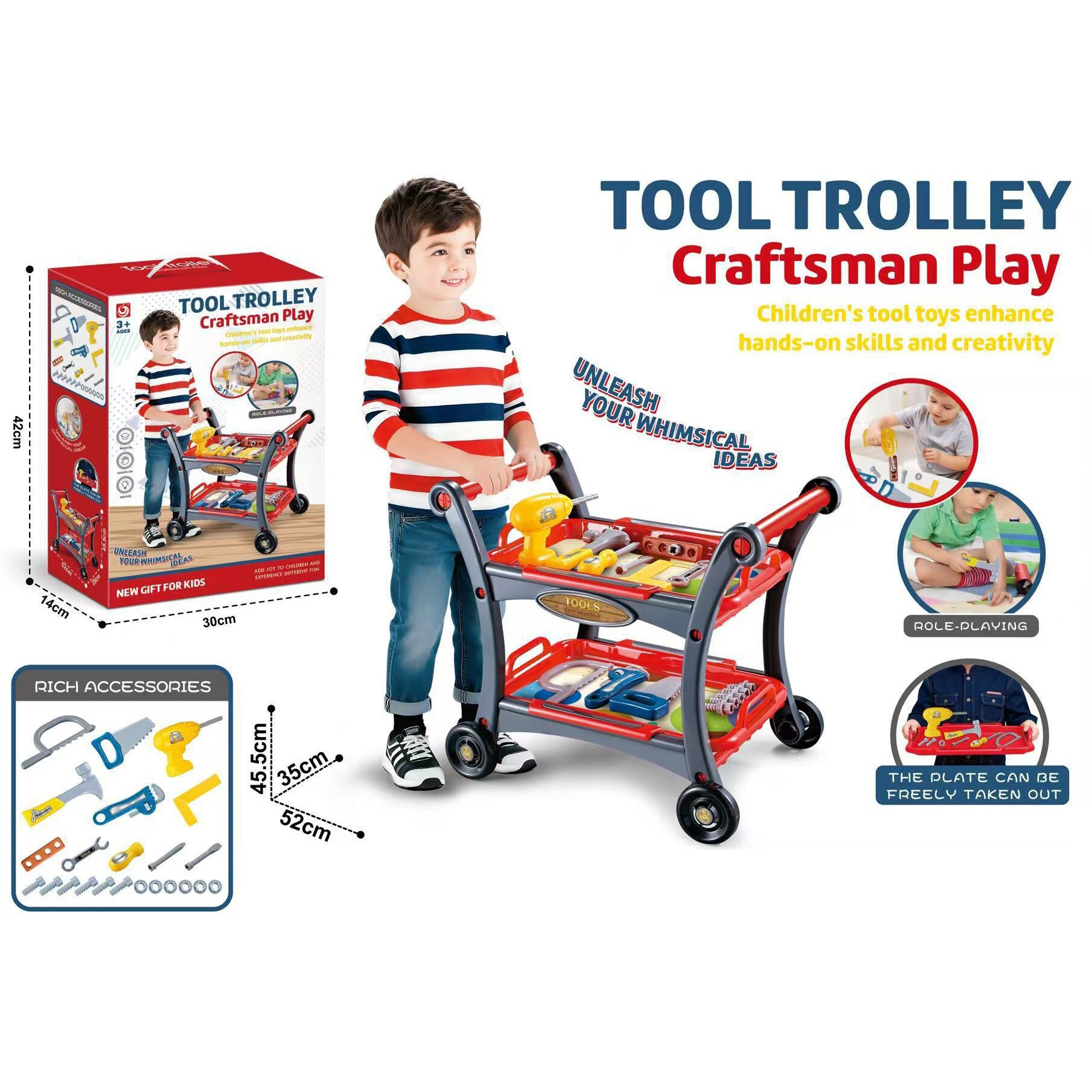 Cocina de simulación de niños transfronterizos, set de té de la tarde, herramientas de mantenimiento de la mesa de enfermería del médico, carro de casa