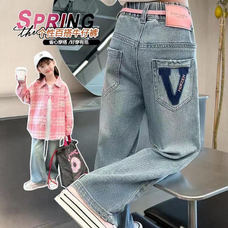 2024 Spring/Autumn New Style Girls' Thin Jeans, Loose Casual Wide-Leg Pants for Medium and Large Children