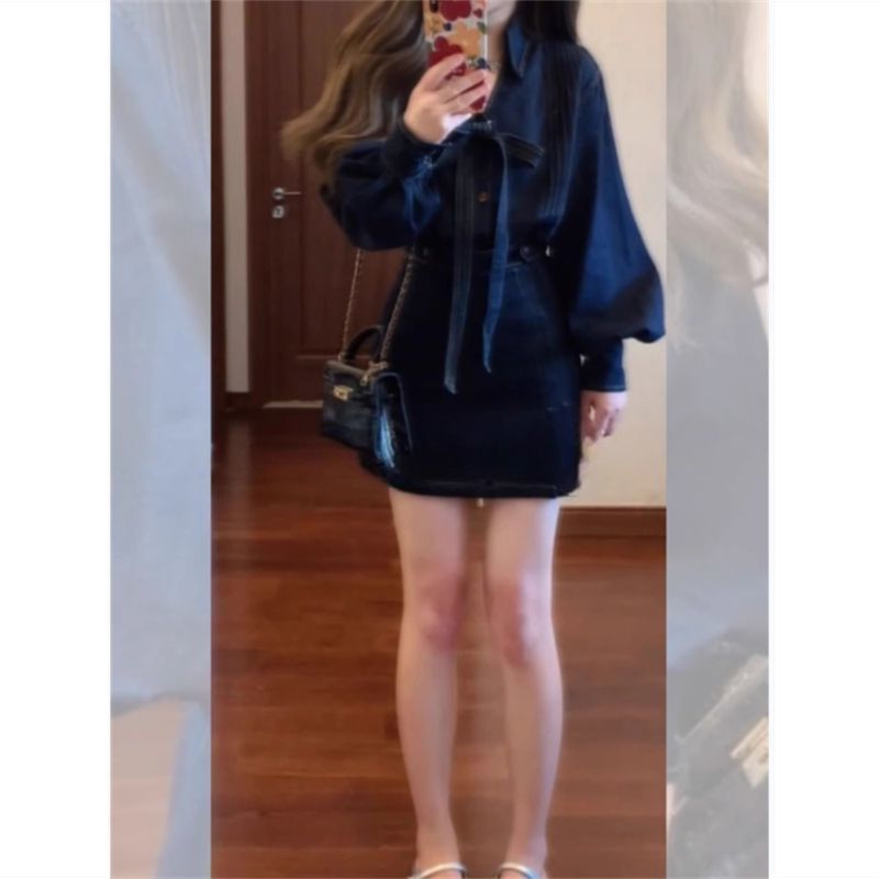 法式复古蝴蝶结衬衫牛仔裙套装女2025春休闲长袖外套+收腰a字半裙|undefined
