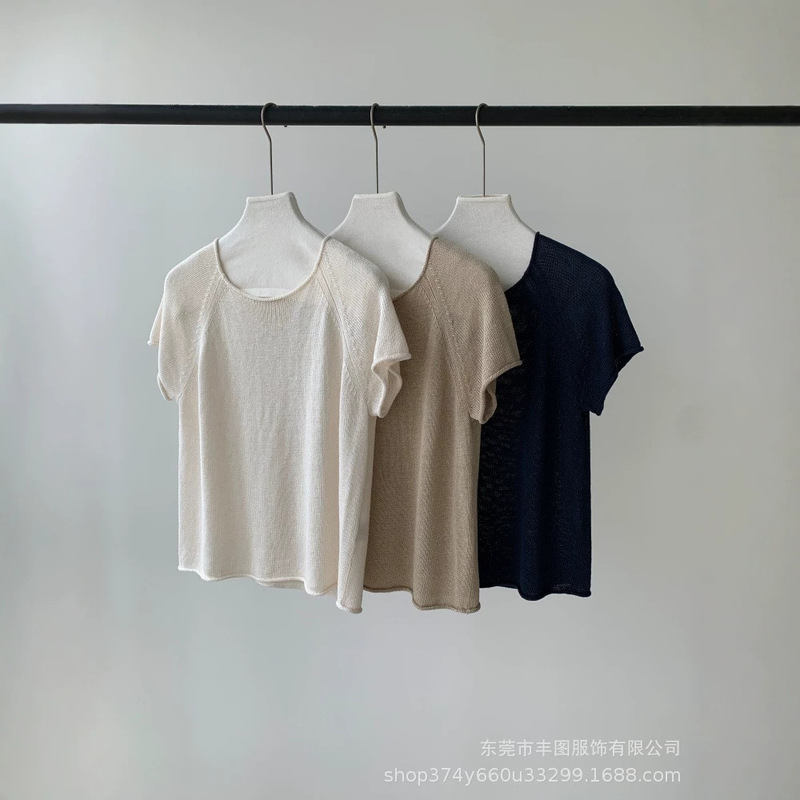 Cross-Border 2026 Summer New Style Linen Blend Raglan Short Sleeve Knit Top with Rolled Edges, Simple Versatile Women's T-Shirt