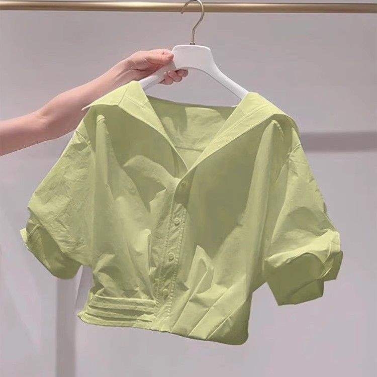 法式白色翻领泡泡袖衬衫女夏季2025新款甜美减龄慵懒风短款上衣潮|undefined