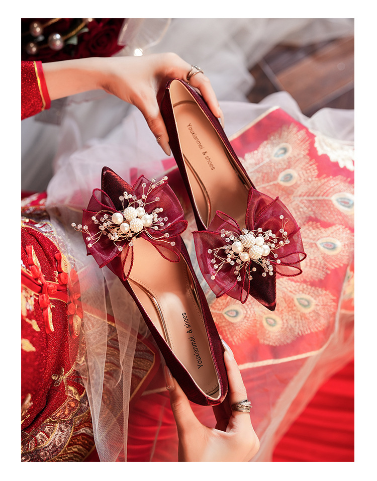 6222A-008 Chunky Heel Pointed Toe Satin Appliqué High Heels For Banquet Wedding Bridesmaid Shoes Comfortable Versatile_voghion.com