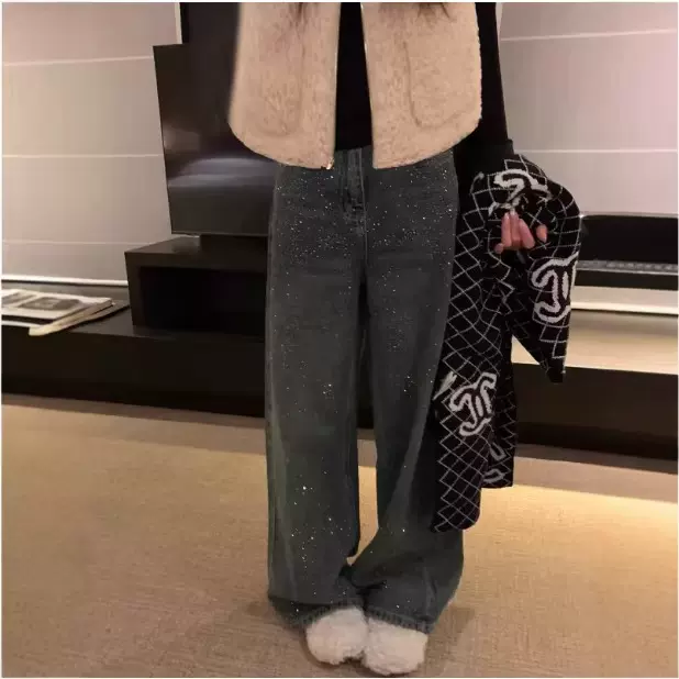 孕妇阔腿牛仔裤子春秋冬季外穿宽松显瘦满天星烫钻垂感直筒拖地裤