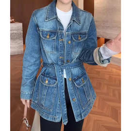 巨好看轻奢高级感时尚牛仔外套女秋冬新款中长款系带重工洋气上衣