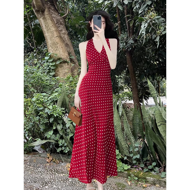 2026 Summer French Retro Sweetheart V-Neck Red Polka Dot Halter Dress Women's Backless Tie Strap Long Dress 2026 Summer French Retro Sweetheart V-Neck Red Polka Dot Halter Dress Women's Backless Tie Strap Long Dress