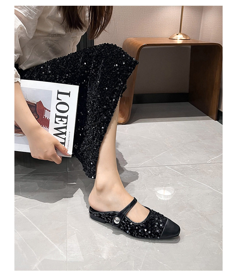 Dép mule sandal nữ bít mũi vuông quai ngang đính sequin lấp lánh, gót thấp 1–3 cm — Màu bạc, Màu đen chi tiết 28