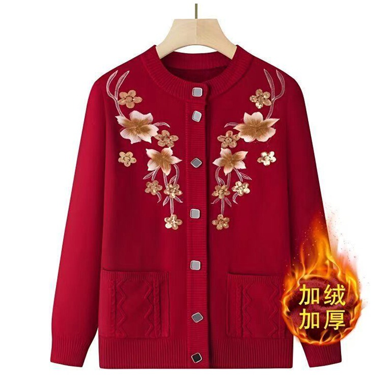 Dropshipping 2025 New Women's Clothing for Mothers, Autumn and Winter Thickeneded Knitted Cardigans for Middle-Aged and Elderly People to Wear with Velvet to Heattech