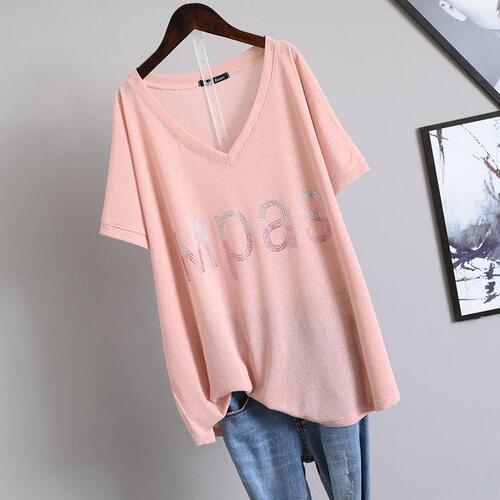 New Summer South Korean Style Fat Sister 2-300 Pounds Plus Size Loose Diamond-embellished V-neck Cover Stomach Short-sleeve T-shirt Top for Women