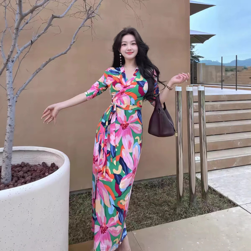 2026 Spring and Summer New Style Ice Green Pastel Retro Printed Wrap Dress with Waist Tie One-Piece Long Dress