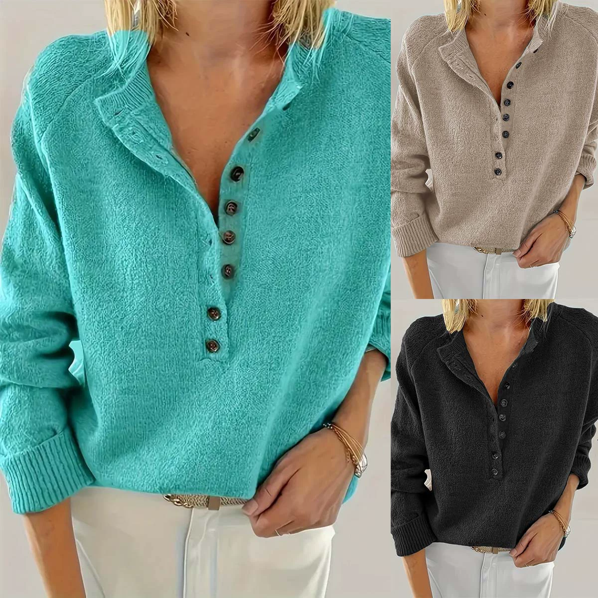 Женский свитер оверсайз из трикотажа с рукавами реглан, однотонный, повседневный, на пуговицах, для трансграничной торговли