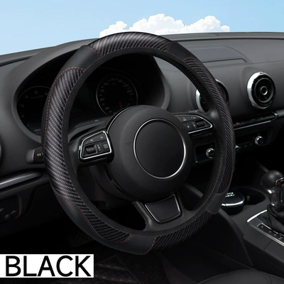 XF6002 Amazon TEMU Xiyin explosive carbon fiber leather embossed car steering wheel cover cross-border car handle cover (Steering wheel cover) - xf6002-black-38cm