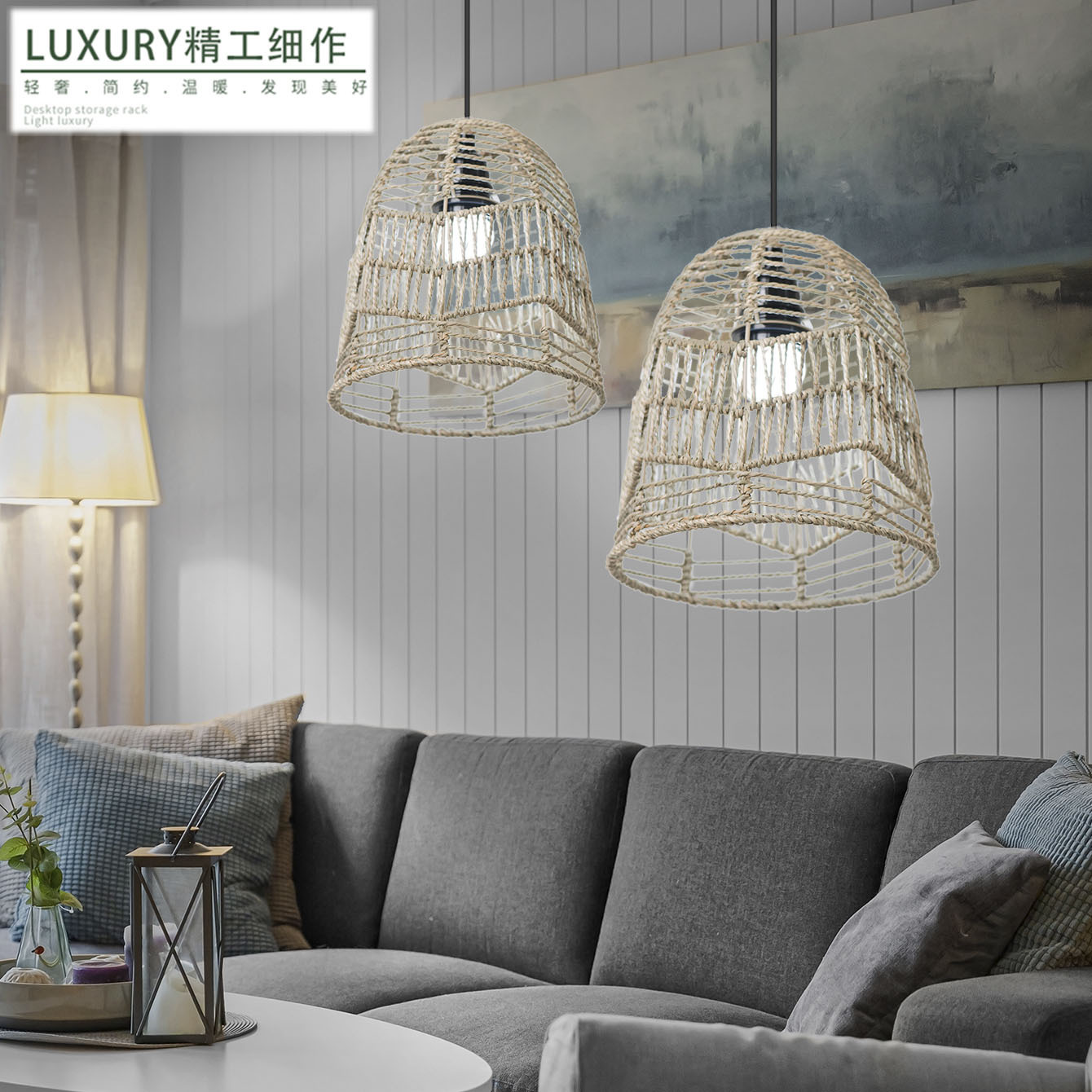 Cuerdas de paja tejidas a mano lámpara decorativa retro simple lámpara de viento dormitorio residencial hotel café iluminación creativa