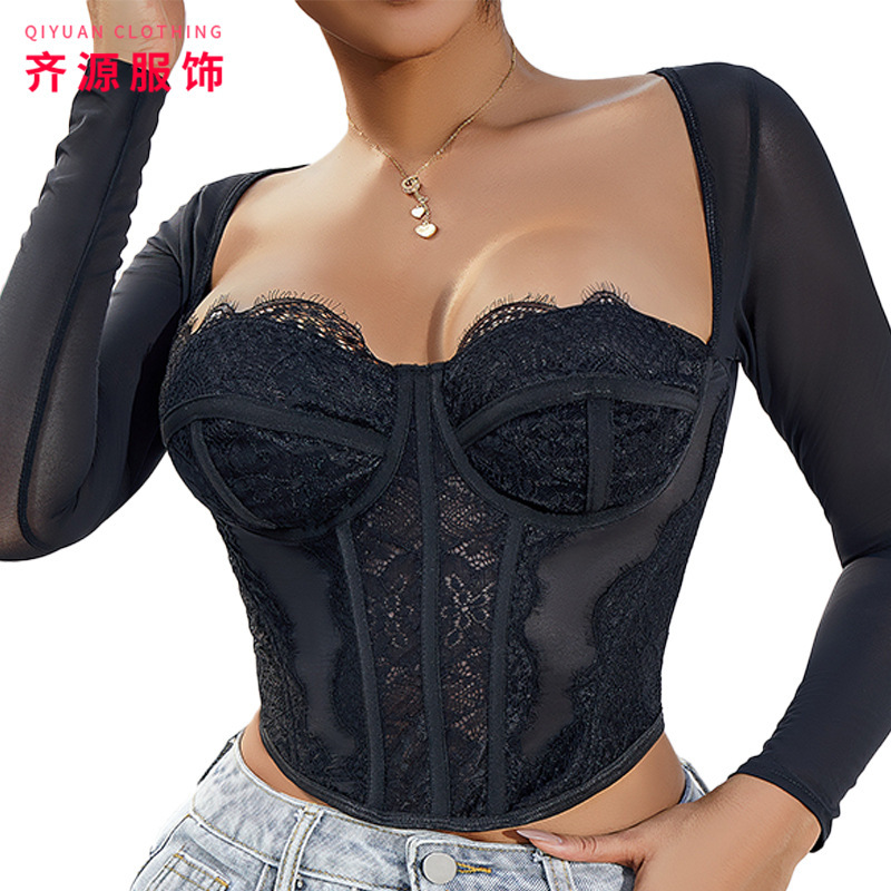 Cross-Border Hot-Selling Mesh Breathable Long-Sleeved Palace-Style Shapewear Tight Corset Top