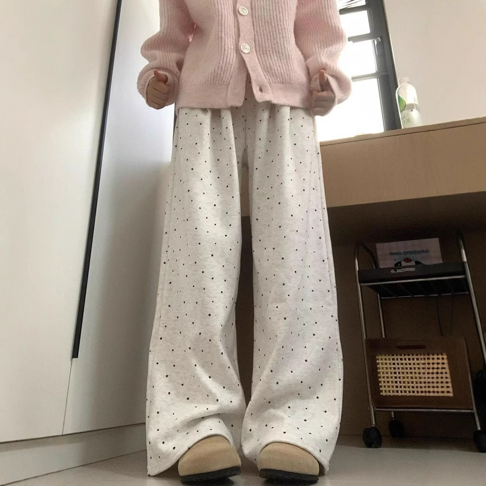 2025 새로운 게으른 스타일 새로운 아이보리 웨이브 포인트 캐주얼 바지 여성의 겨울 높은 허리 느슨한 걸레 바지 바지