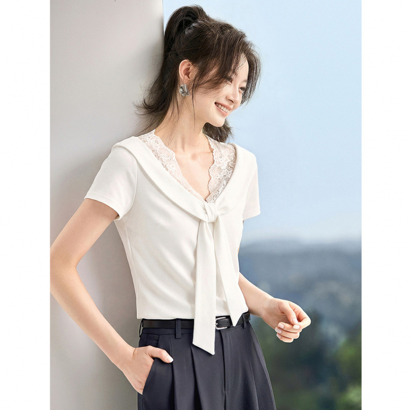 Soft Nautical Style 2026 Summer New Model Spliced Lace Navy Collar Tie-Up Regular Shoulder Fitted T-Shirt Soft Nautical Style 2026 Summer New Model Spliced Lace Navy Collar Tie-Up Regular Shoulder Fitted T-Shirt