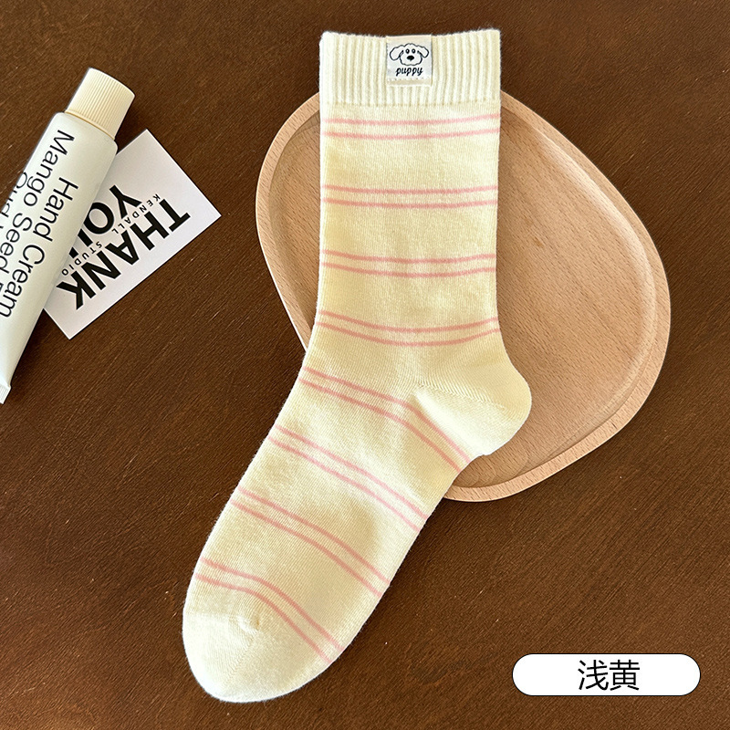 棉质袜子女ins潮流韩系条纹堆堆袜布标小狗吸汗透气舒适诸暨袜子|undefined