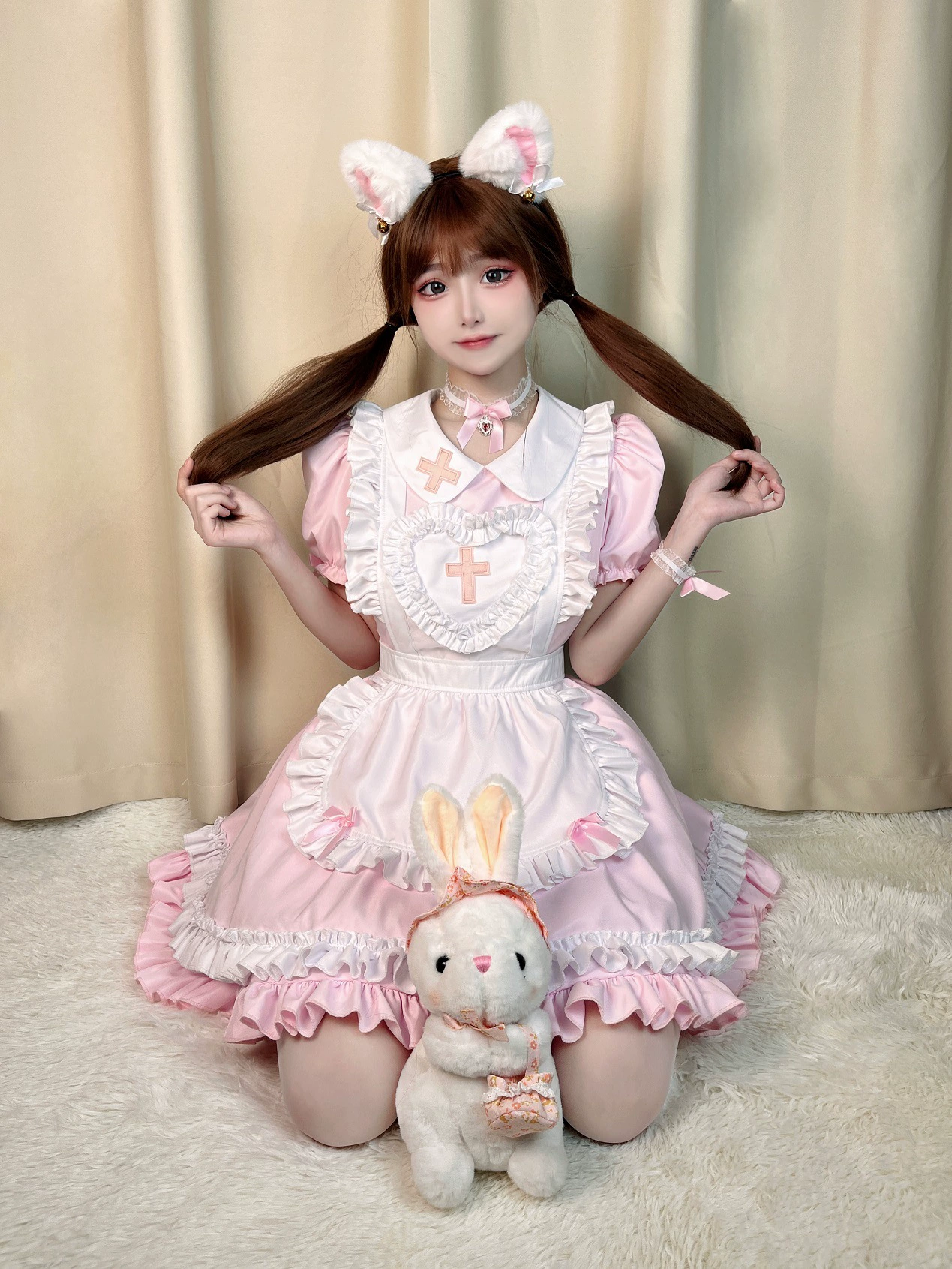 Короткое платье-Lolita набор, японский сливочно-кавайный косплей, фартук и головной убор, размеры S–XL