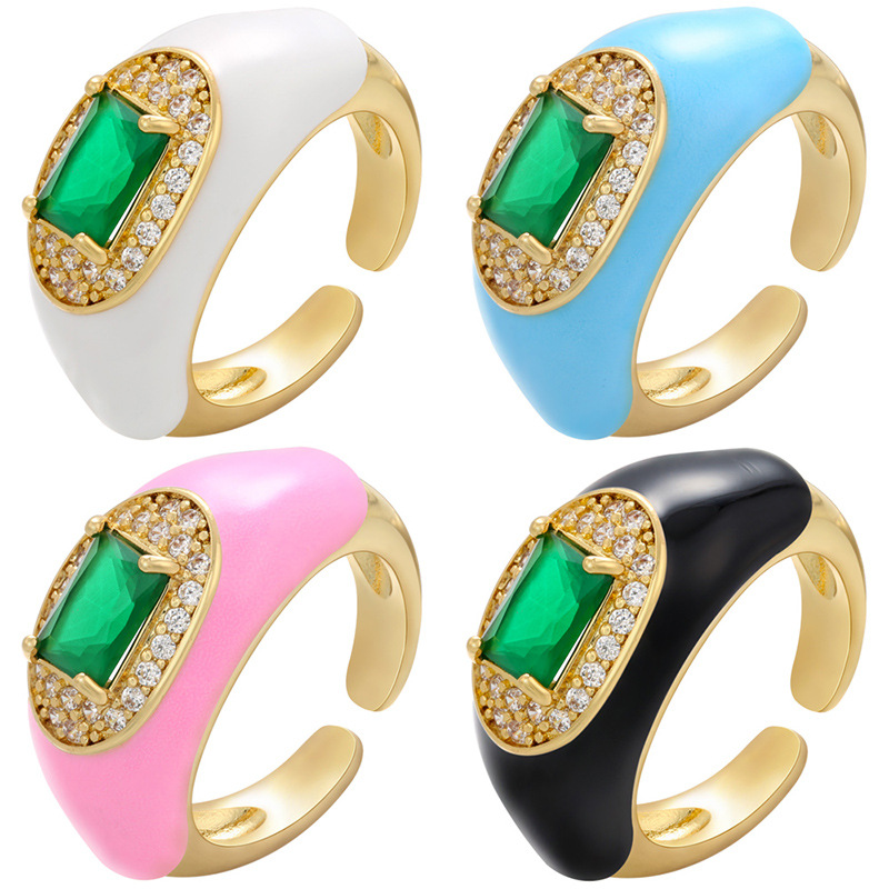 Vintage Color Drop Oil Zircon Emerald Ouverture Bague En Cuivre Réglable En Gros Nihaojewelry display picture 1