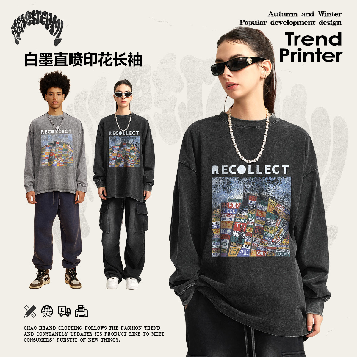 Impresora de marcas| 2025 primavera y otoño europeas y estadounidenses transfronterizas de alta calidad lavable camiseta de manga larga tendencia masculina