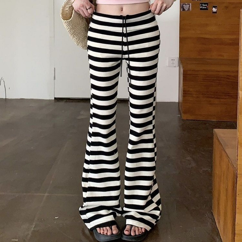黑白条纹抽绳休闲裤女夏季微喇叭裤垂感显瘦直筒裤子高腰拖地长裤|undefined