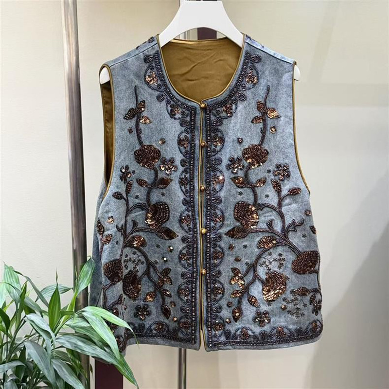 Nuevo estilo chino de la industria pesada bordada sequinilla clavado chaleco de vaqueros primavera nuevo plegado lujo ligero camisa de hombro para mujeres image 3