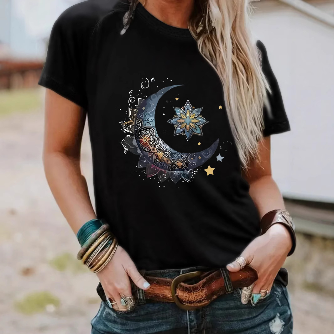 In-Stock European and American Round Neck Fashion Moon Top Women's T-Shirt Amazon In-Stock Loose Short-Sleeve Foreign Trade