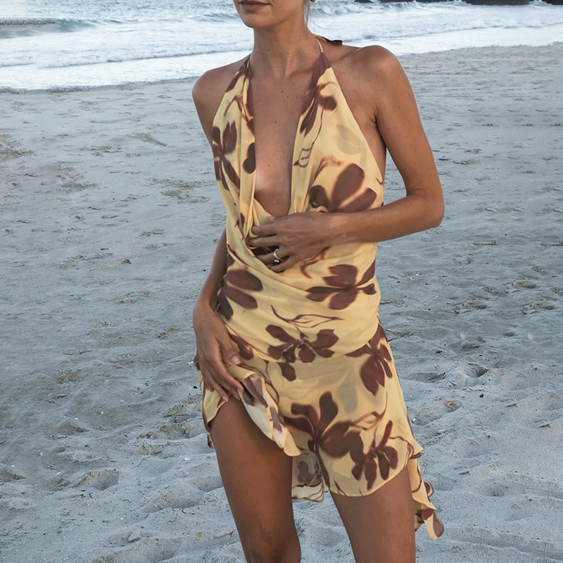 Sexy Pockets Collar Halter Backless Printed Dress Women Vacation Sexy Dress