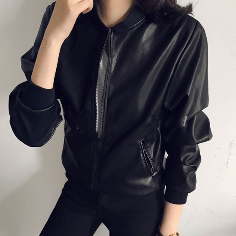 Korean style stand-up collar black leather jacket, elegant coat for women, short retro zip-up black motorcycle jacket for spring and autumn.