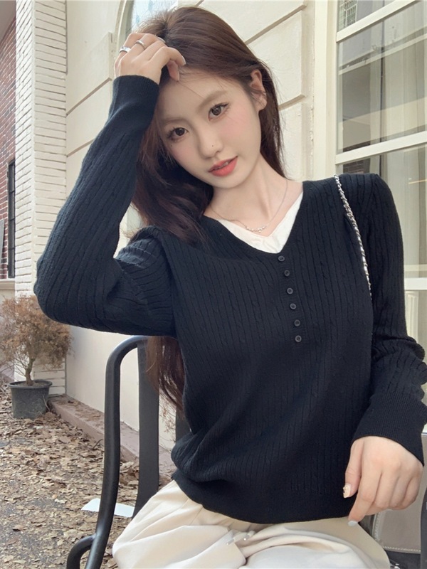 5968#设计感纽扣v领假两件纯欲针织衫女秋ins宽松慵懒风打底毛衣|undefined
