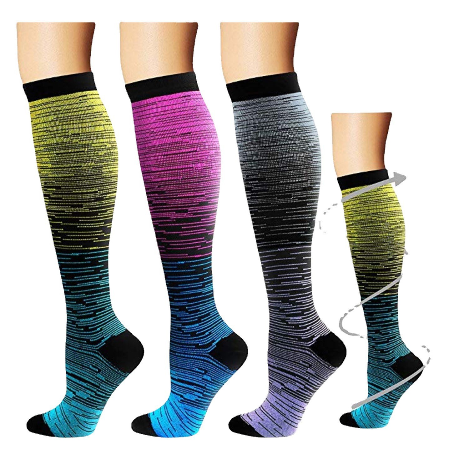 Selección estricta transfronteriza Amazon nuevo en stock gradiente color mezclado Nueva presión hombres y mujeres Calcetines de nylon deportivos a media pantorrilla