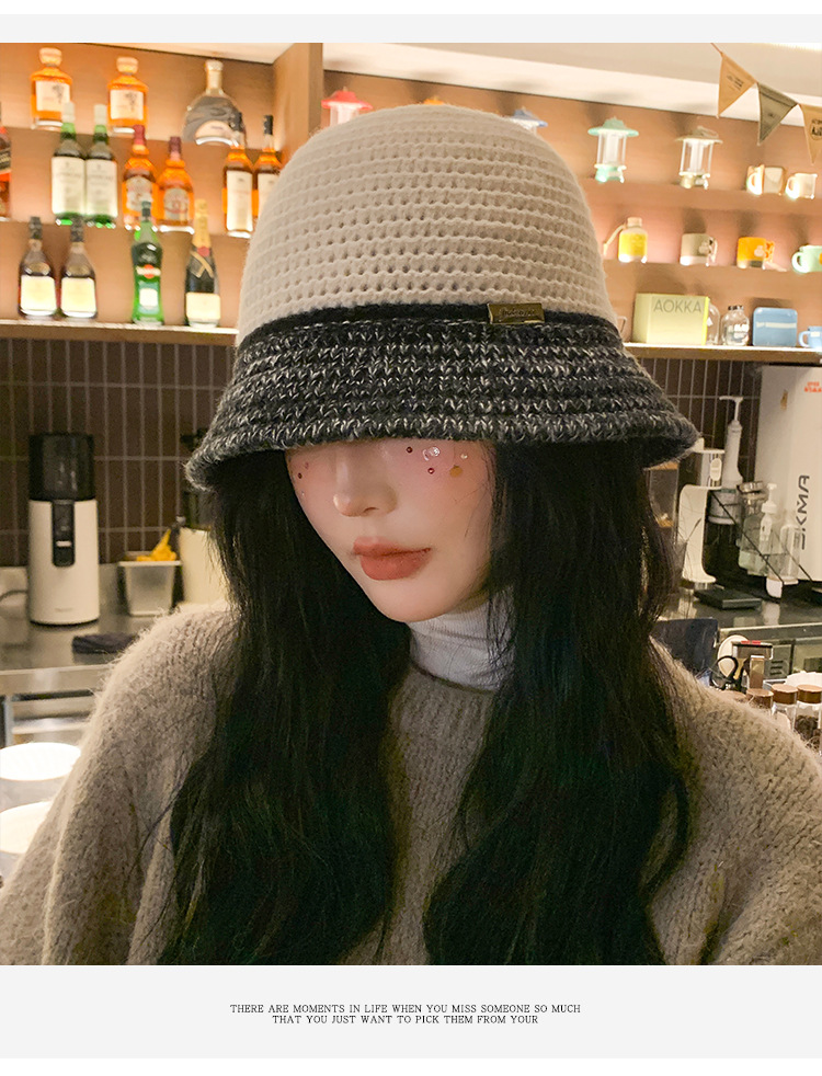 Cappello da scodella coreano lavorato a maglia coreano da donna per l'autunno e l'inverno Calore all'aperto Piccola folla Clip a colori Sfilata di moda Volto piccolo_voghion.com