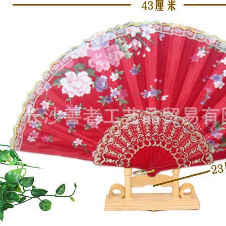 Hay en stock transfronterizo de plástico de hueso pequeño borde de encaje ventilador plegable ventilador de satén ventilador de la danza 8 colores opcionales