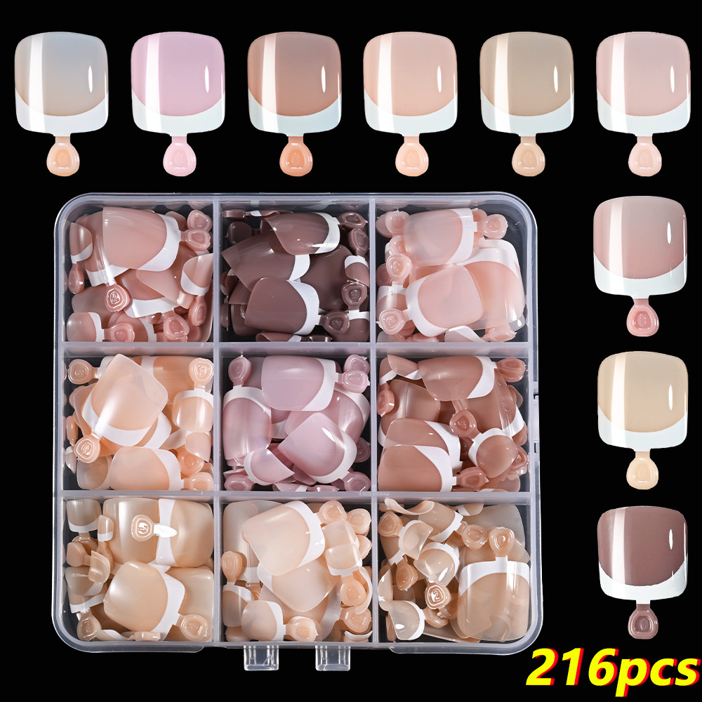 9 Colors, 216 Pieces, Removable Toe Nail Stickers, White-Edged French Style Toenail Pieces, Finished Set, Toenail Wearable Nails