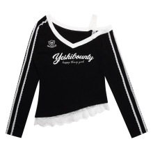 衣品男装美式复古辣妹蕾丝拼接假两件露肩长袖T恤女修身初秋上衣