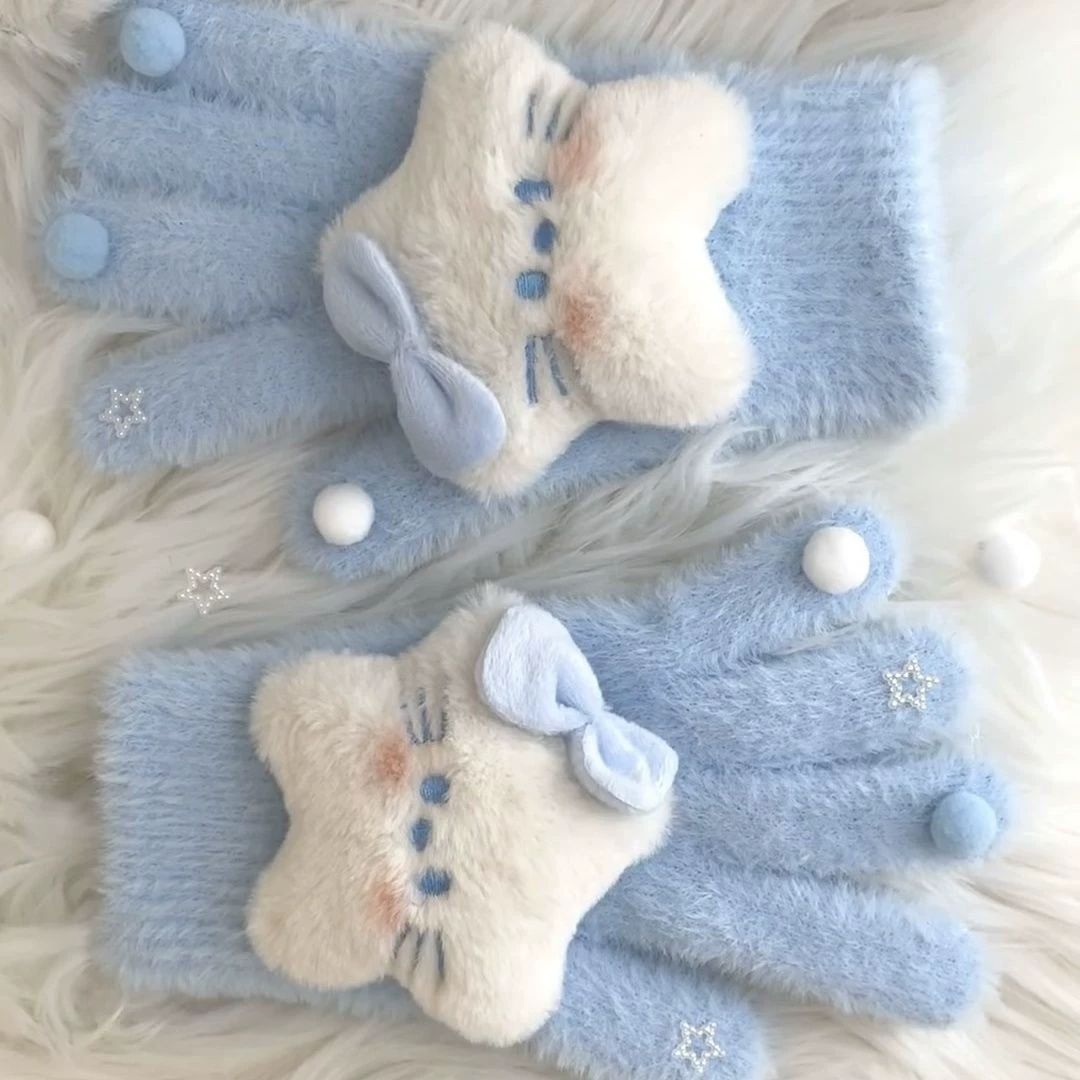 Blue gloves with bow, keep warm cute cartoon set for elementary school students, wide color palette