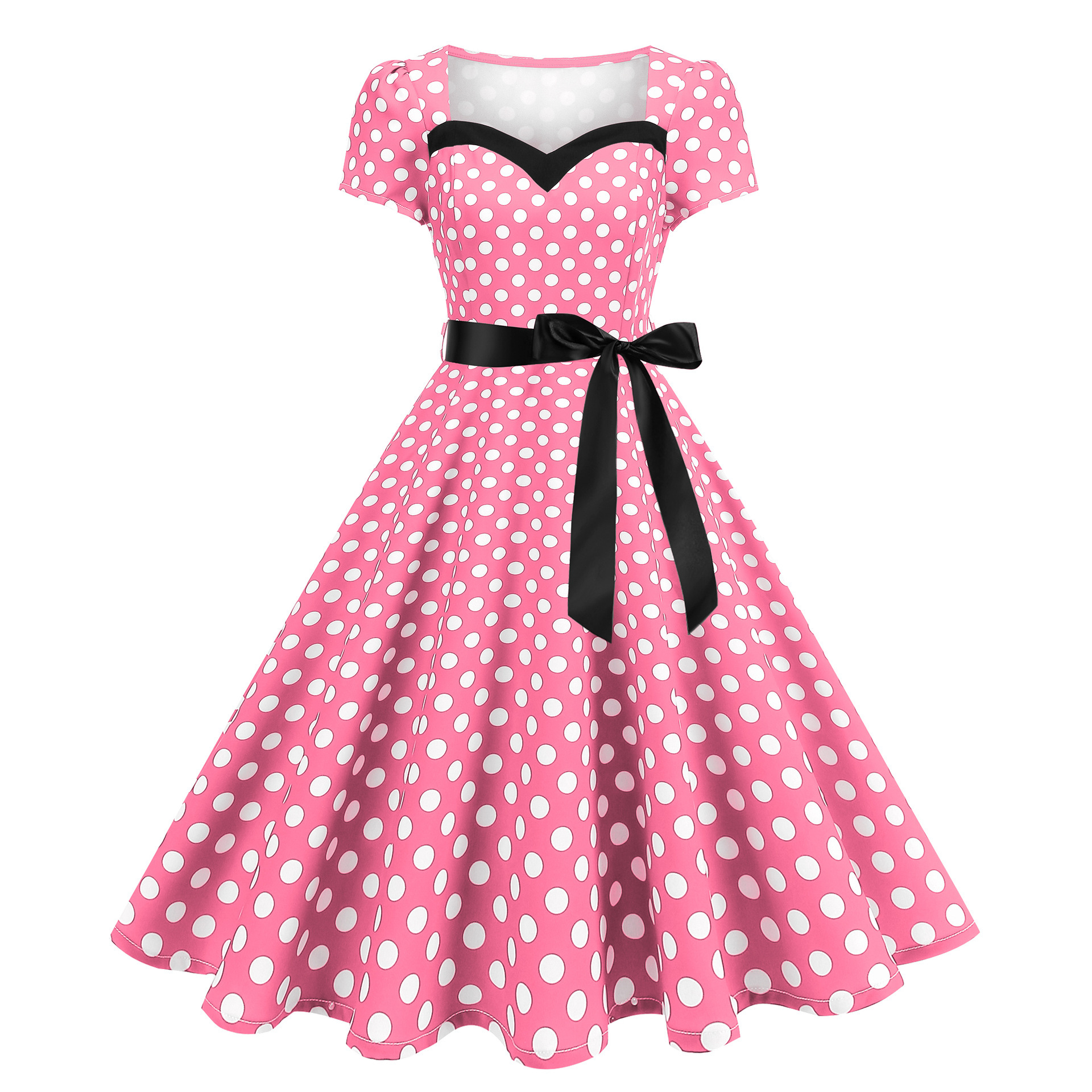 Amazon European and American Cross-Border Foreign Trade Fashion Women's Hepburn Style Evening Dress Short-Sleeved Large Hem Polka Dot Retro Dress